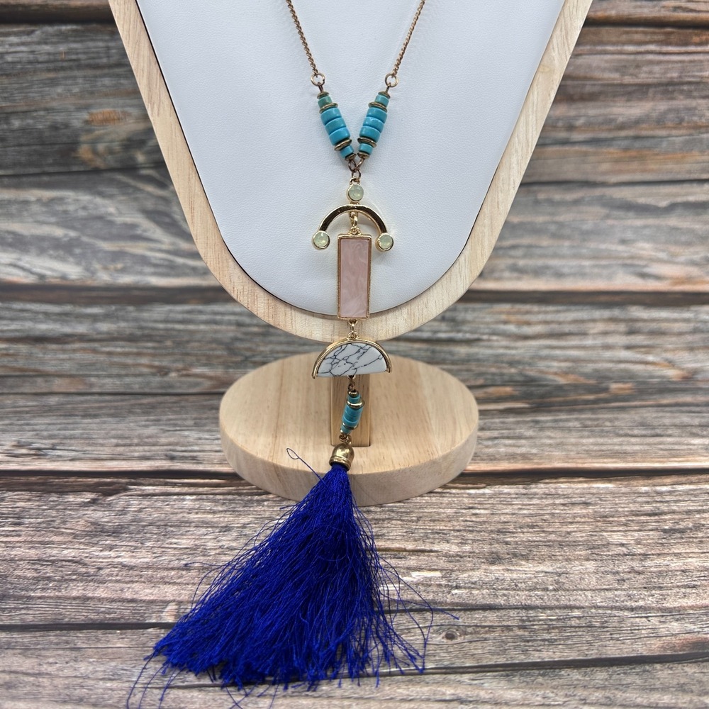 Gold Tone Turquoise Tone Pink White Stone Tassel Necklace Statement Festival